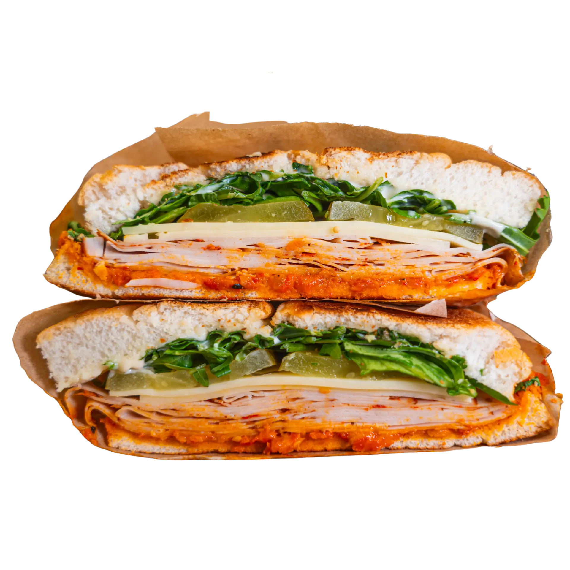 Chilli Chicken focaccia cut in half
