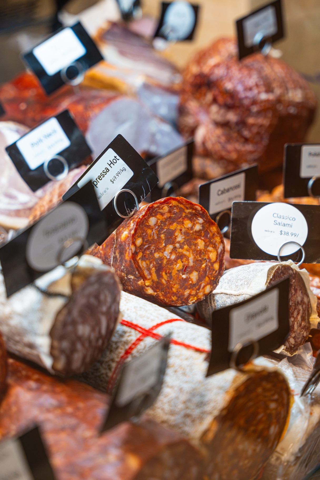 Sliced salami classico and European cold cuts ready for the counter