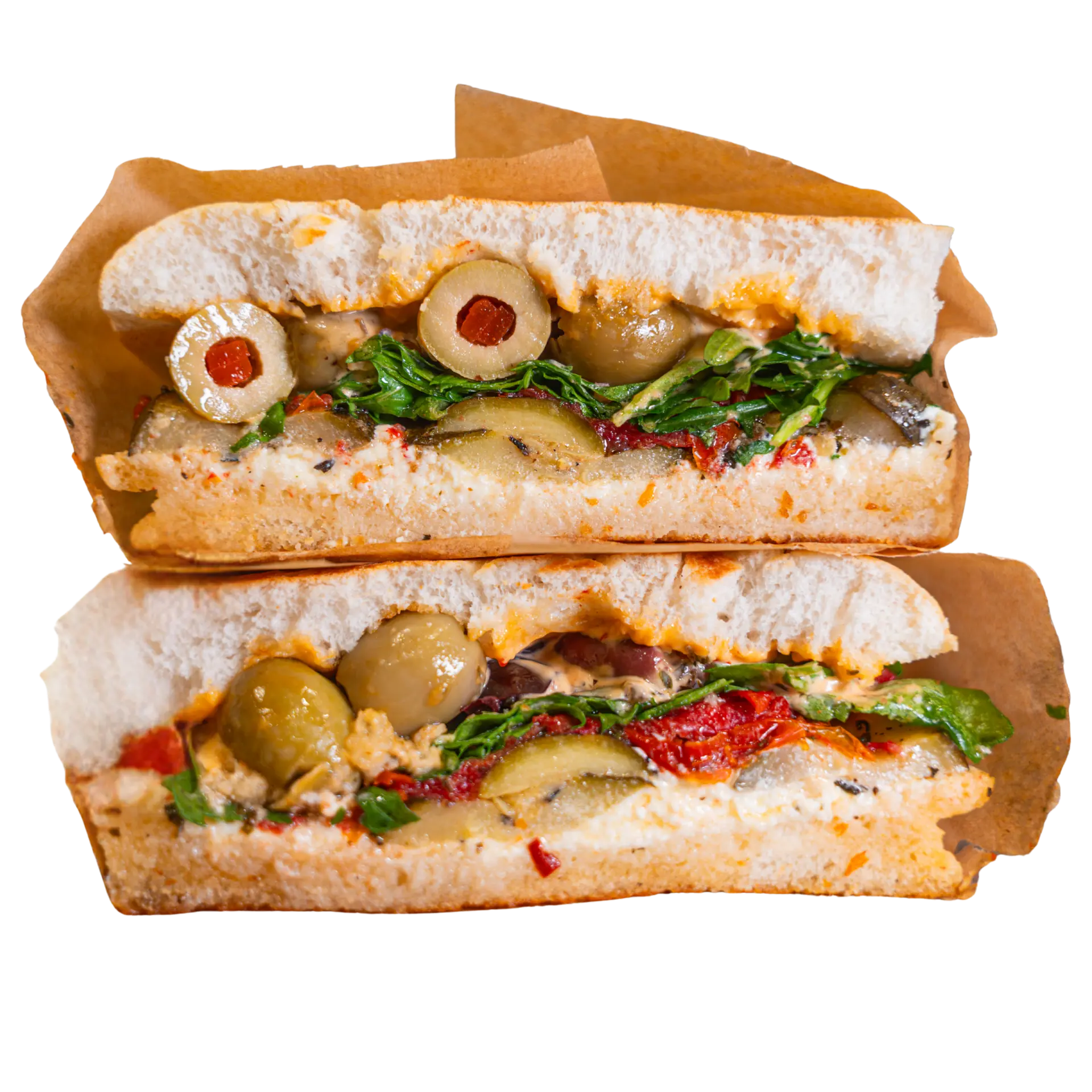 Vegetarian focaccia cut in half