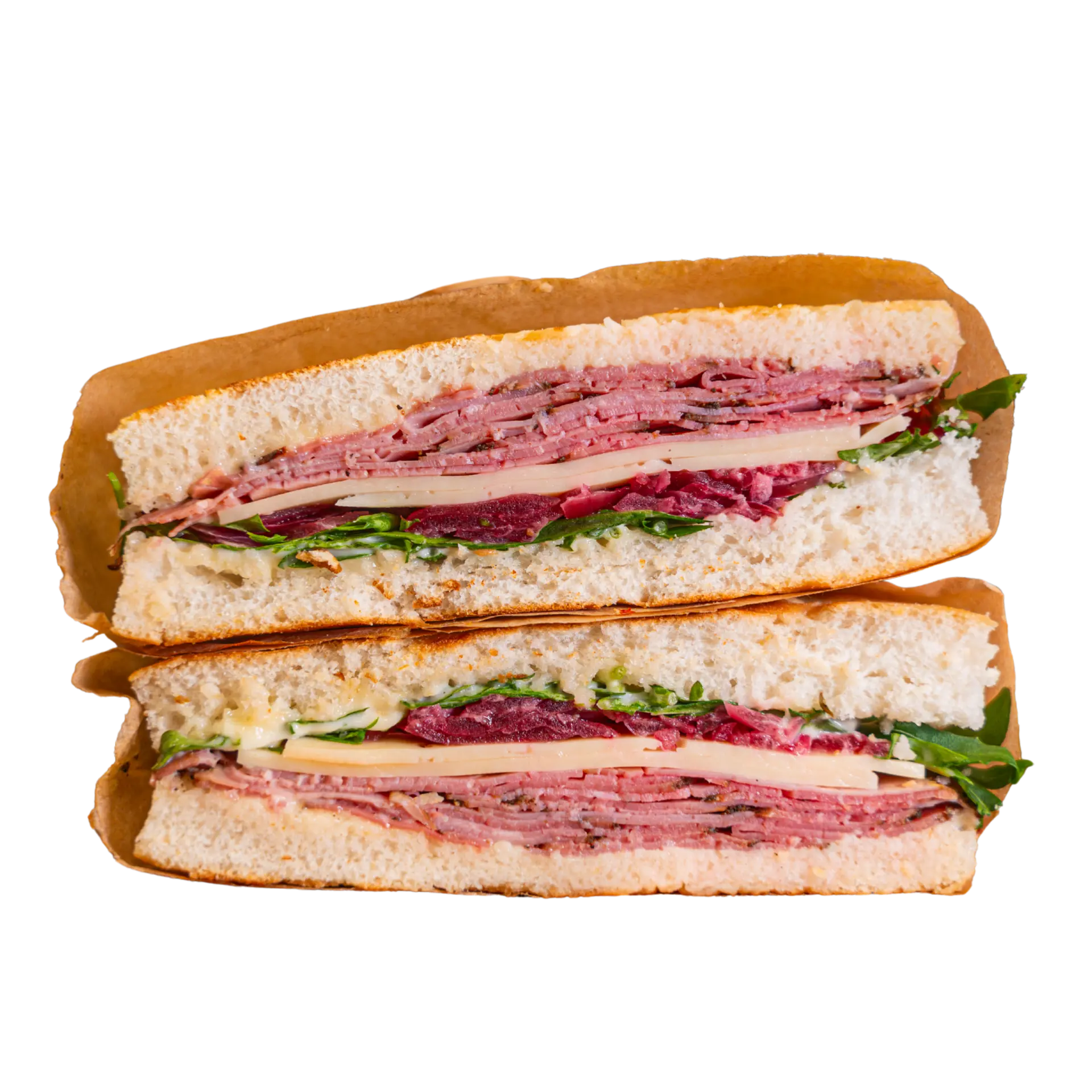 The Deli Classic pastrami focaccia sandwich cut in half